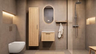 Wandhängendes Badezimmermöbel 60 cm aus Natureiche mit eine Schublade und weißes Solid-Surface-Aufsatzbecken
