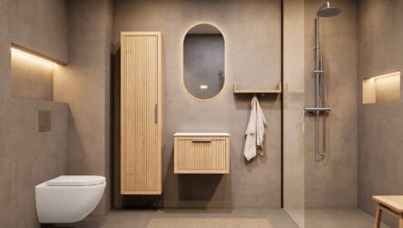 Wandhängendes Badezimmermöbel 60 cm aus Natureiche mit eine Schublade und weißes Solid-Surface-Aufsatzbecken