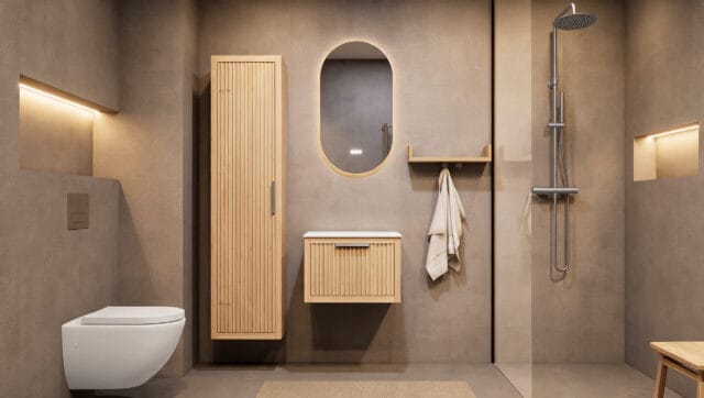 Wandhängendes Badezimmermöbel 60 cm aus Natureiche mit eine Schublade und weißes Solid-Surface-Aufsatzbecken