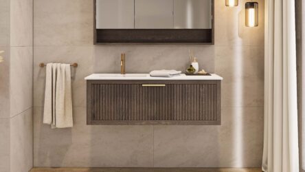 Das Rosenfeld Badmöbel 120 in Eiche dunkel strahlt Luxus und Ruhe aus. Gefertigt aus massivem Eichenholz mit Rillenfront, hochwertigen Softclose-Schubladen und einem matten weißen Mineralwerkstoff- mit Überlauf. Das Waschbecken ist wahlweise mit oder ohne