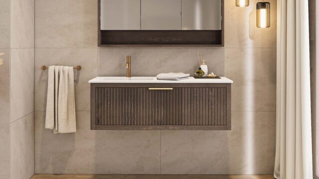 Das Rosenfeld Badmöbel 120 in Eiche dunkel strahlt Luxus und Ruhe aus. Gefertigt aus massivem Eichenholz mit Rillenfront, hochwertigen Softclose-Schubladen und einem matten weißen Mineralwerkstoff- mit Überlauf. Das Waschbecken ist wahlweise mit oder ohne