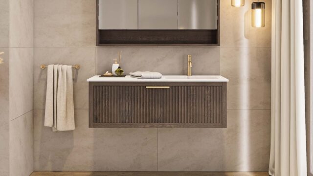Das Rosenfeld Badmöbel 120 in Eiche dunkel strahlt Luxus und Ruhe aus. Gefertigt aus massivem Eichenholz mit Rillenfront, hochwertigen Softclose-Schubladen und einem matten weißen Mineralwerkstoff- mit Überlauf. Das Waschbecken ist wahlweise mit oder ohne