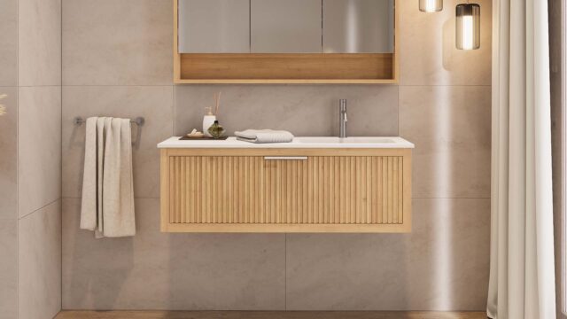 Das Rosenfeld Badmöbel 120 in Natur Eiche vereint handwerkliche Präzision mit modernem Luxus. Gefertigt aus massivem Eichenholz mit Rillenfront, Softclose-Schubladen und einem matten weißen Mineralwerkstoff-. Das Waschbecken ist wahlweise mit oder ohne Ha
