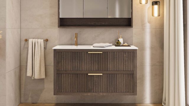 Das Rosenfeld Badmöbel 120 in Eiche dunkel strahlt Luxus und Ruhe aus. Gefertigt aus massivem Eichenholz mit Rillenfront, zwei hochwertigen Softclose-Schubladen und einem matten weißen Mineralwerkstoff- mit Überlauf. Das Waschbecken ist wahlweise mit oder