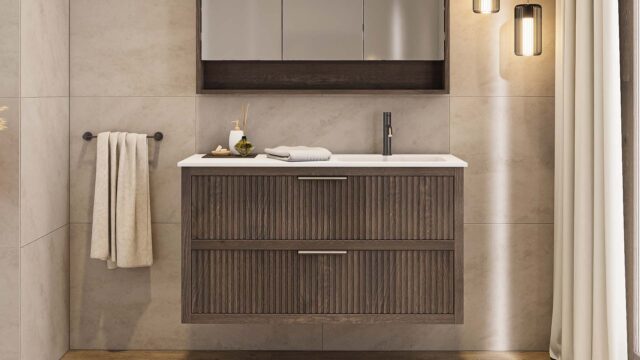 Das Rosenfeld Badmöbel 120 in Eiche dunkel strahlt Luxus und Ruhe aus. Gefertigt aus massivem Eichenholz mit Rillenfront, zwei hochwertigen Softclose-Schubladen und einem matten weißen Mineralwerkstoff- mit Überlauf. Das Waschbecken ist wahlweise mit oder