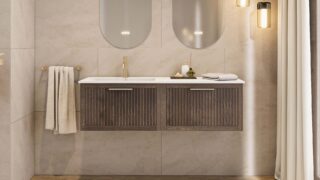 Das Rosenfeld Badmöbel 140 in Eiche dunkel strahlt Luxus und Ruhe aus. Gefertigt aus massivem Eichenholz mit Rillenfront, vier hochwertigen Softclose-Schubladen und einem matten weißen Mineralwerkstoff- mit Überlauf. Das Waschbecken ist wahlweise mit oder