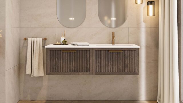 Das Rosenfeld Badmöbel 140 in Eiche dunkel strahlt Luxus und Ruhe aus. Gefertigt aus massivem Eichenholz mit Rillenfront, vier hochwertigen Softclose-Schubladen und einem matten weißen Mineralwerkstoff- mit Überlauf. Das Waschbecken ist wahlweise mit oder