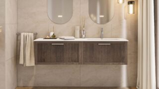 Das Rosenfeld Badmöbel 160 in Eiche dunkel strahlt Luxus und Ruhe aus. Gefertigt aus massivem Eichenholz mit Rillenfront, vier hochwertigen Softclose-Schubladen und einem matten weißen Mineralwerkstoff- mit Überlauf. Das Waschbecken ist wahlweise mit oder