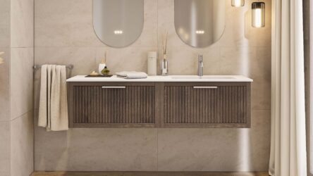 Das Rosenfeld Badmöbel 160 in Eiche dunkel strahlt Luxus und Ruhe aus. Gefertigt aus massivem Eichenholz mit Rillenfront, vier hochwertigen Softclose-Schubladen und einem matten weißen Mineralwerkstoff- mit Überlauf. Das Waschbecken ist wahlweise mit oder