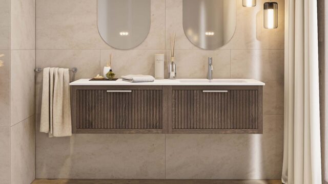 Das Rosenfeld Badmöbel 160 in Eiche dunkel strahlt Luxus und Ruhe aus. Gefertigt aus massivem Eichenholz mit Rillenfront, vier hochwertigen Softclose-Schubladen und einem matten weißen Mineralwerkstoff- mit Überlauf. Das Waschbecken ist wahlweise mit oder