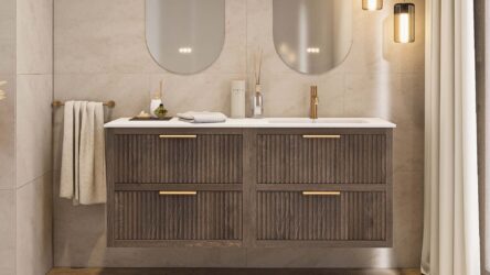 Das Rosenfeld Badmöbel 160 in Eiche dunkel strahlt Luxus und Ruhe aus. Gefertigt aus massivem Eichenholz mit Rillenfront, vier hochwertigen Softclose-Schubladen und einem matten weißen Mineralwerkstoff- mit Überlauf. Das Waschbecken ist wahlweise mit oder