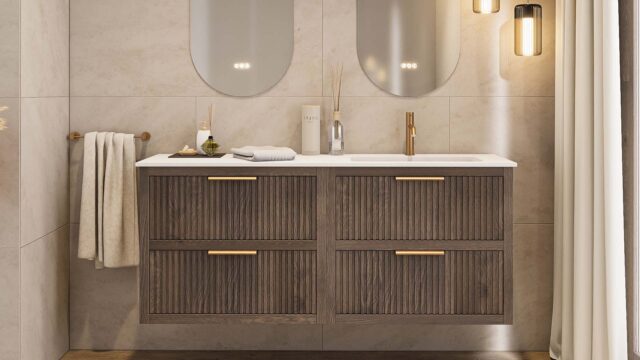 Das Rosenfeld Badmöbel 160 in Eiche dunkel strahlt Luxus und Ruhe aus. Gefertigt aus massivem Eichenholz mit Rillenfront, vier hochwertigen Softclose-Schubladen und einem matten weißen Mineralwerkstoff- mit Überlauf. Das Waschbecken ist wahlweise mit oder