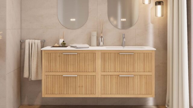 Das Rosenfeld Badmöbel 160 in Eiche natur vereint handwerkliche Präzision mit modernem Luxus. Gefertigt aus massivem Eichenholz mit Rillenfront, vier Softclose-Schubladen und einem matten weißen Mineralwerkstoff-. Das Waschbecken ist wahlweise mit oder oh