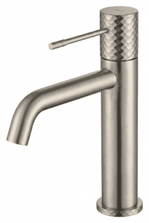 Moderne niedrige Waschtischarmatur in Gebürstetes Nickel, passend für Badmöbel mit Waschtisch, als Komplettset inklusive passendem Click-Clack-Verschluss  Der Click-Clack-Verschluss lässt sich durch Drücken einfach öffnen und schließen. Mit 5 Jahren Garan