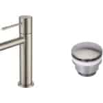 Moderne niedrige Waschtischarmatur in Gebürstetes Nickel, passend für Badmöbel mit Waschtisch, als Komplettset inklusive passendem Click-Clack-Verschluss  Der Click-Clack-Verschluss lässt sich durch Drücken einfach öffnen und schließen. Mit 5 Jahren Garan