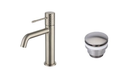 Moderne niedrige Waschtischarmatur in Gebürstetes Nickel, passend für Badmöbel mit Waschtisch, als Komplettset inklusive passendem Click-Clack-Verschluss  Der Click-Clack-Verschluss lässt sich durch Drücken einfach öffnen und schließen. Mit 5 Jahren Garan