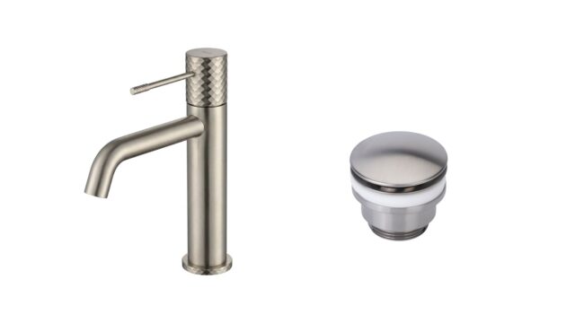 Moderne niedrige Waschtischarmatur in Gebürstetes Nickel, passend für Badmöbel mit Waschtisch, als Komplettset inklusive passendem Click-Clack-Verschluss  Der Click-Clack-Verschluss lässt sich durch Drücken einfach öffnen und schließen. Mit 5 Jahren Garan