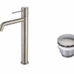 Moderne erhöhte Waschtischarmatur in Gebürstetes Nickel, ideal für Badmöbel mit Aufsatzwaschbecken, als Komplettset inklusive passendem Click-Clack-Verschluss  Der Click-Clack-Verschluss lässt sich durch Drücken einfach öffnen und schließen. Mit 5 Jahren
