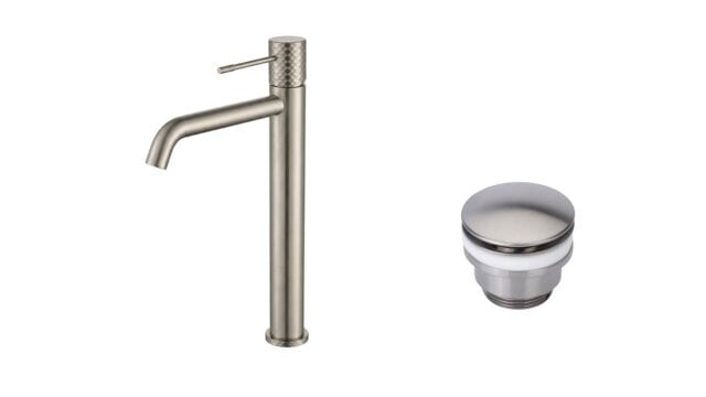 Moderne erhöhte Waschtischarmatur in Gebürstetes Nickel, ideal für Badmöbel mit Aufsatzwaschbecken, als Komplettset inklusive passendem Click-Clack-Verschluss  Der Click-Clack-Verschluss lässt sich durch Drücken einfach öffnen und schließen. Mit 5 Jahren