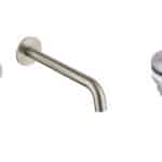 Moderne Waschtischarmatur Wandmontage in Gebürstetes Nickel, für die Montage über Waschtisch oder Aufsatzwaschbecken, als Komplettset inklusive passendem Click-Clack-Verschluss  Der Click-Clack-Verschluss lässt sich durch Drücken einfach öffnen und schlie