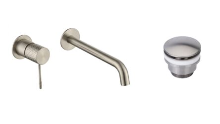 Moderne Waschtischarmatur Wandmontage in Gebürstetes Nickel, für die Montage über Waschtisch oder Aufsatzwaschbecken, als Komplettset inklusive passendem Click-Clack-Verschluss  Der Click-Clack-Verschluss lässt sich durch Drücken einfach öffnen und schlie