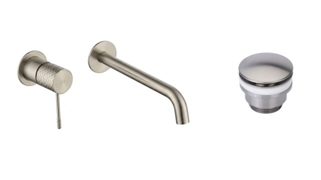 Moderne Waschtischarmatur Wandmontage in Gebürstetes Nickel, für die Montage über Waschtisch oder Aufsatzwaschbecken, als Komplettset inklusive passendem Click-Clack-Verschluss  Der Click-Clack-Verschluss lässt sich durch Drücken einfach öffnen und schlie