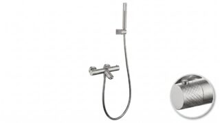Stilvolle thermostatische Bad-/Duscharmatur in gebürstetem Nickel  Geliefert als Komplettset mit Handbrause, Brauseschlauch und Wandhalter. Erhältlich in 6 Farben.