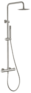 Modernes Aufputz-Duschsystem in gebürstetem Nickel, thermostatischer Duscharmatur und Kopfbrause Ø20 cm. Inklusive verstellbarer Handbrause. Erhältlich in 6 Farben und mit 5 Jahren Garantie.