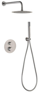 Modernes thermostatisches Unterputz-Duschsystem in gebürstetem Nickel, Kopfbrause Ø25 cm und separatem Handbrausenset. Wandanschluss. Erhältlich in 6 Farben und mit 5 Jahren Garantie.