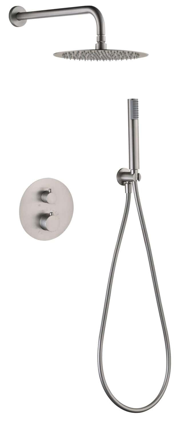 Modernes thermostatisches Unterputz-Duschsystem in gebürstetem Nickel, Kopfbrause Ø25 cm und separatem Handbrausenset. Wandanschluss. Erhältlich in 6 Farben und mit 5 Jahren Garantie.