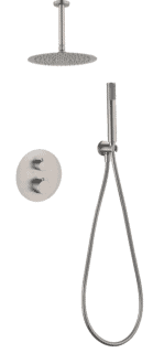 Modernes thermostatisches Unterputz-Duschsystem in gebürstetem Nickel, Kopfbrause Ø25 cm und separatem Handbrausenset. Für Deckenmontage ausgeführt. Erhältlich in 6 Farben und mit 5 Jahren Garantie. Charakteristisch für die Toscana Serie ist das gedrehte