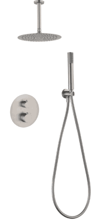 Modernes thermostatisches Unterputz-Duschsystem in gebürstetem Nickel, Kopfbrause Ø25 cm und separatem Handbrausenset. Für Deckenmontage ausgeführt. Erhältlich in 6 Farben und mit 5 Jahren Garantie. Charakteristisch für die Toscana Serie ist das gedrehte