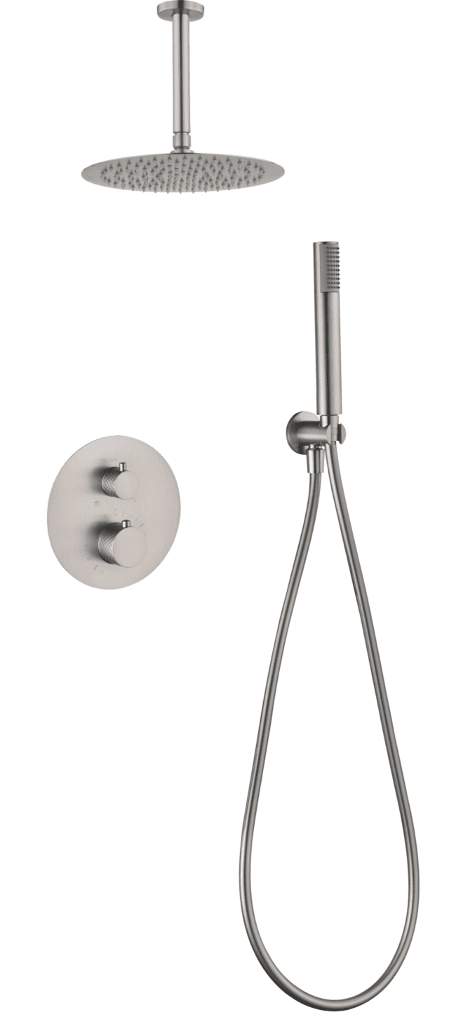 Modernes thermostatisches Unterputz-Duschsystem in gebürstetem Nickel, Kopfbrause Ø25 cm und separatem Handbrausenset. Für Deckenmontage ausgeführt. Erhältlich in 6 Farben und mit 5 Jahren Garantie. Charakteristisch für die Toscana Serie ist das gedrehte