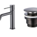 Moderne niedrige Waschtischarmatur in Black Gun Metal, passend für Badmöbel mit Waschtisch, als Komplettset inklusive passendem Click-Clack-Verschluss mit langlebiger PVD-Beschichtung. Der Click-Clack-Verschluss lässt sich durch Drücken einfach öffnen und