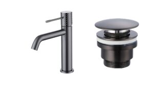 Moderne niedrige Waschtischarmatur in Black Gun Metal, passend für Badmöbel mit Waschtisch, als Komplettset inklusive passendem Click-Clack-Verschluss mit langlebiger PVD-Beschichtung. Der Click-Clack-Verschluss lässt sich durch Drücken einfach öffnen und
