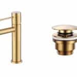 Moderne niedrige Waschtischarmatur in Gebürstetes Gold, passend für Badmöbel mit Waschtisch, als Komplettset inklusive passendem Click-Clack-Verschluss mit langlebiger PVD-Beschichtung. Der Click-Clack-Verschluss lässt sich durch Drücken einfach öffnen un