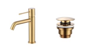 Moderne niedrige Waschtischarmatur in Gebürstetes Gold, passend für Badmöbel mit Waschtisch, als Komplettset inklusive passendem Click-Clack-Verschluss mit langlebiger PVD-Beschichtung. Der Click-Clack-Verschluss lässt sich durch Drücken einfach öffnen un