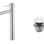 Moderne erhöhte Waschtischarmatur in Chrom, ideal für Badmöbel mit Aufsatzwaschbecken, als Komplettset inklusive passendem Click-Clack-Verschluss. Der Click-Clack-Verschluss lässt sich durch Drücken einfach öffnen und schließen. Mit 5 Jahren Garantie und