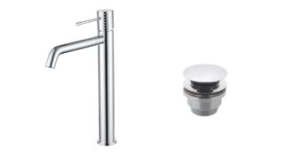 Moderne erhöhte Waschtischarmatur in Chrom, ideal für Badmöbel mit Aufsatzwaschbecken, als Komplettset inklusive passendem Click-Clack-Verschluss. Der Click-Clack-Verschluss lässt sich durch Drücken einfach öffnen und schließen. Mit 5 Jahren Garantie und