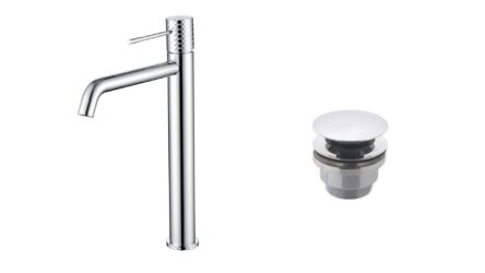 Moderne erhöhte Waschtischarmatur in Chrom, ideal für Badmöbel mit Aufsatzwaschbecken, als Komplettset inklusive passendem Click-Clack-Verschluss. Der Click-Clack-Verschluss lässt sich durch Drücken einfach öffnen und schließen. Mit 5 Jahren Garantie und