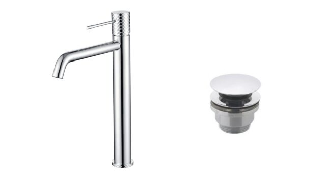 Moderne erhöhte Waschtischarmatur in Chrom, ideal für Badmöbel mit Aufsatzwaschbecken, als Komplettset inklusive passendem Click-Clack-Verschluss. Der Click-Clack-Verschluss lässt sich durch Drücken einfach öffnen und schließen. Mit 5 Jahren Garantie und