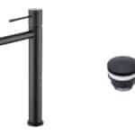 Moderne erhöhte Waschtischarmatur in Schwarz, ideal für Badmöbel mit Aufsatzwaschbecken, als Komplettset inklusive passendem Click-Clack-Verschluss  Der Click-Clack-Verschluss lässt sich durch Drücken einfach öffnen und schließen. Mit 5 Jahren Garantie un