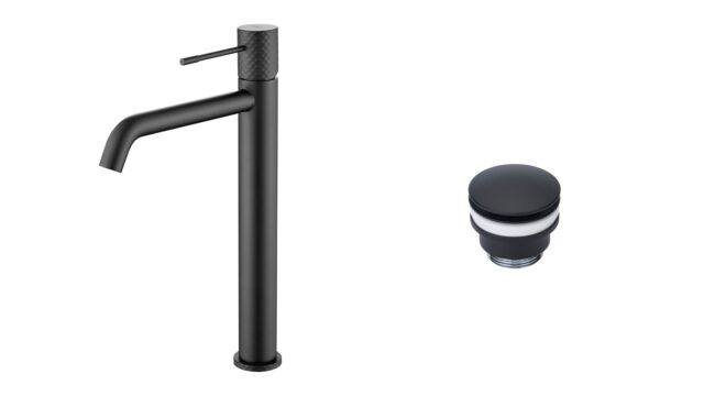 Moderne erhöhte Waschtischarmatur in Schwarz, ideal für Badmöbel mit Aufsatzwaschbecken, als Komplettset inklusive passendem Click-Clack-Verschluss  Der Click-Clack-Verschluss lässt sich durch Drücken einfach öffnen und schließen. Mit 5 Jahren Garantie un