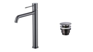 Moderne erhöhte Waschtischarmatur in Black Gun Metal, ideal für Badmöbel mit Aufsatzwaschbecken, als Komplettset inklusive passendem Click-Clack-Verschluss mit langlebiger PVD-Beschichtung. Der Click-Clack-Verschluss lässt sich durch Drücken einfach öffne