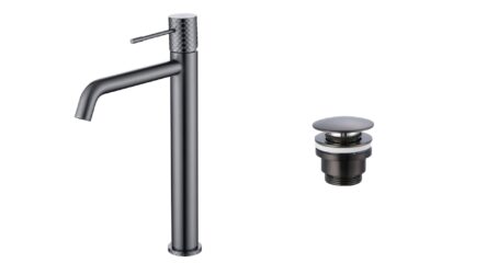 Moderne erhöhte Waschtischarmatur in Black Gun Metal, ideal für Badmöbel mit Aufsatzwaschbecken, als Komplettset inklusive passendem Click-Clack-Verschluss mit langlebiger PVD-Beschichtung. Der Click-Clack-Verschluss lässt sich durch Drücken einfach öffne