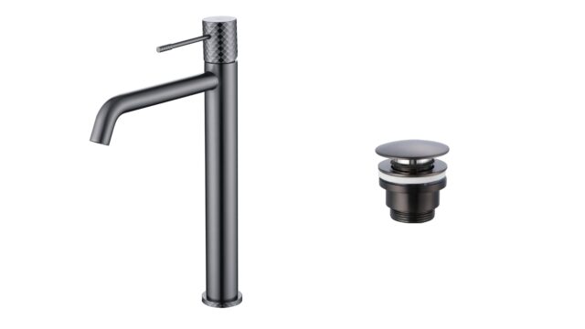 Moderne erhöhte Waschtischarmatur in Black Gun Metal, ideal für Badmöbel mit Aufsatzwaschbecken, als Komplettset inklusive passendem Click-Clack-Verschluss mit langlebiger PVD-Beschichtung. Der Click-Clack-Verschluss lässt sich durch Drücken einfach öffne