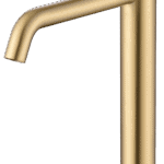 Moderne erhöhte Waschtischarmatur in Gebürstetes Gold, ideal für Badmöbel mit Aufsatzwaschbecken, als Komplettset inklusive passendem Click-Clack-Verschluss mit langlebiger PVD-Beschichtung. Der Click-Clack-Verschluss lässt sich durch Drücken einfach öffn
