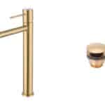 Moderne erhöhte Waschtischarmatur in Gebürstetes Gold, ideal für Badmöbel mit Aufsatzwaschbecken, als Komplettset inklusive passendem Click-Clack-Verschluss mit langlebiger PVD-Beschichtung. Der Click-Clack-Verschluss lässt sich durch Drücken einfach öffn