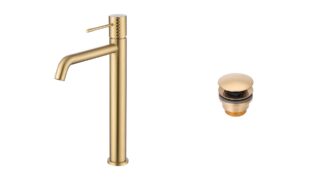 Moderne erhöhte Waschtischarmatur in Gebürstetes Gold, ideal für Badmöbel mit Aufsatzwaschbecken, als Komplettset inklusive passendem Click-Clack-Verschluss mit langlebiger PVD-Beschichtung. Der Click-Clack-Verschluss lässt sich durch Drücken einfach öffn