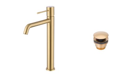 Moderne erhöhte Waschtischarmatur in Gebürstetes Gold, ideal für Badmöbel mit Aufsatzwaschbecken, als Komplettset inklusive passendem Click-Clack-Verschluss mit langlebiger PVD-Beschichtung. Der Click-Clack-Verschluss lässt sich durch Drücken einfach öffn